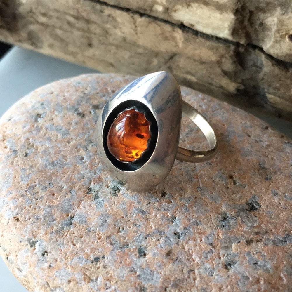 Navajo Amber Native American Vintage Shadowbox Teddy Goodluck Ring - Picture 3 of 10